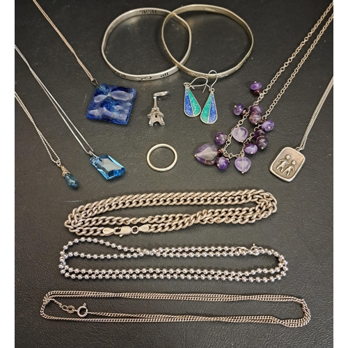 43 - SELECTION OF SILVER AND SILVER MOUNTED JEWELLERY
including two bangles, a blue glass pendant on silv... 