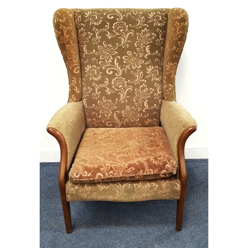 VINTAGE PARKER KNOLL WING BACK ARM CHAIR 
stamped under seat Parker Knowll No P.K 750, with green velvet floral covers