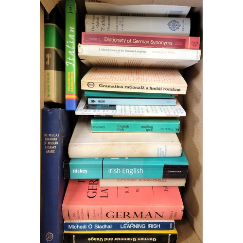 SIX BOXES OF BOOKS RELATING TO LANGUAGE LEARNING
languages include Italian, French, Romanian, Arabic, Portuguese and German, including Dictionaries and learning guides; together with a selection of books in these foreign languages, 6 boxes