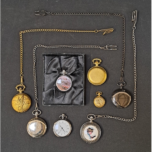 SEVEN POCKET WATCHES AND ONE FOB WATCH
comprising six full hunter watches and one open faced pocket watch, including a boxed Glory of Stream A1/A3 Class silver plated pocket watch and another with embossed eagle detail, 4 with chains (8)