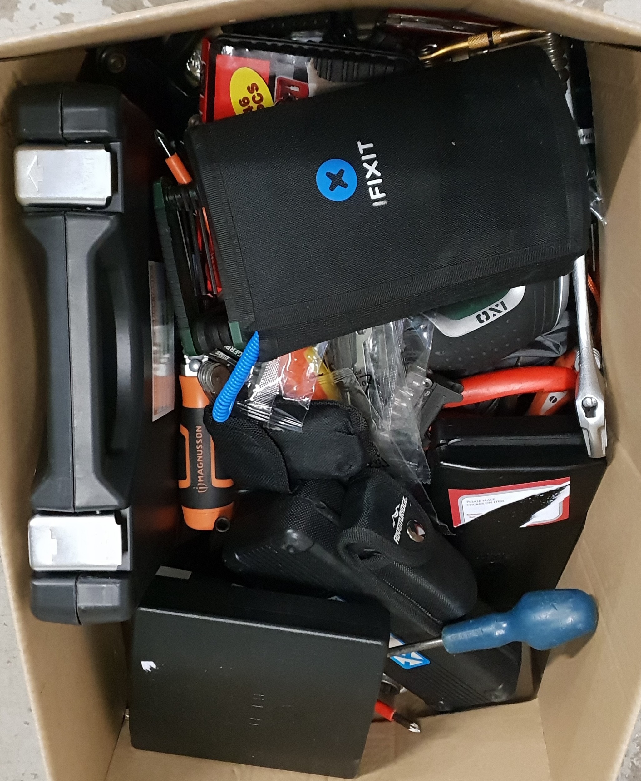 ONE BOX OF TOOLS including: IFixit kit, drill bits and wrenches