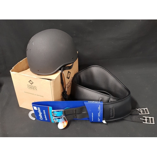 NEW CHARLES AND OWEN RIDING HAT
size R, 4 1/2, 62cm; together with new Collegiate synthetic girth, 52'', 130cm
