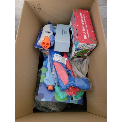 ONE BOX OF NEW ITEMS
including: water pistols, ceramic bowl, quick fire target game, and Lego