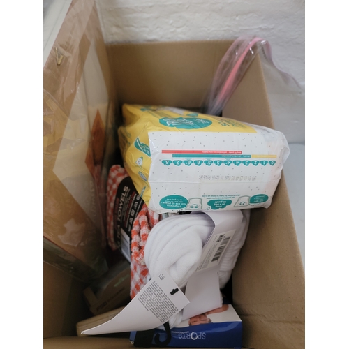 21 - ONE BOX OF NEW ITEMS
including: nappies, tea towels, socks, nail extension kit, a framed print of a ... 