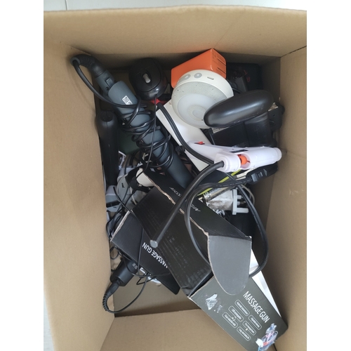 25 - ONE BOX OF ELECTRICAL ITEMS, CABLES AND CHARGERS
including: a massage gun, hair straighteners, elect... 