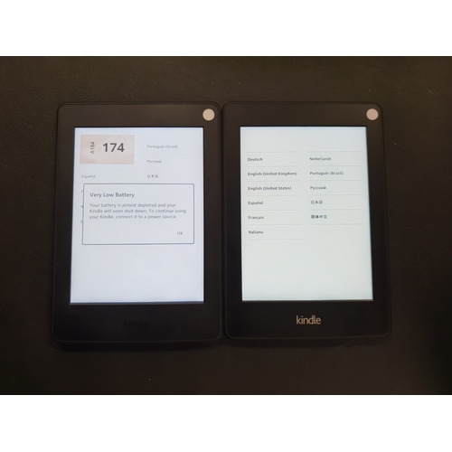 174 - TWO AMAZON KINDLE PAPERWHITE E-READERS
comprising a Paperwhite 3, serial number G090 G105 6323 02QG;... 