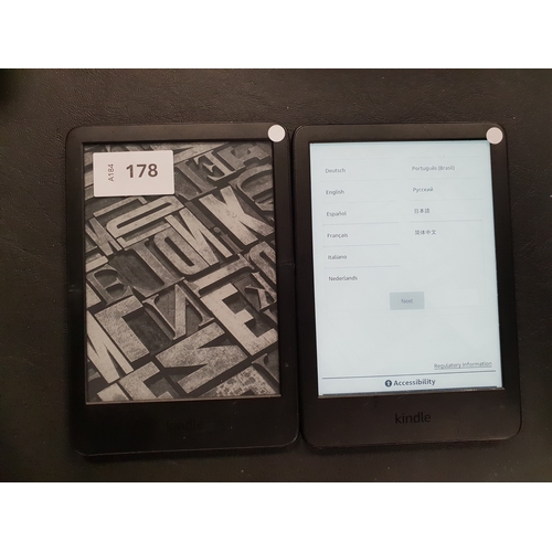 178 - TWO AMAZON KINDLE BASIC 4 E-READERS
serial numbers G092 AP03 2383 052V and G093 KM05 4284 04E9
Note:... 