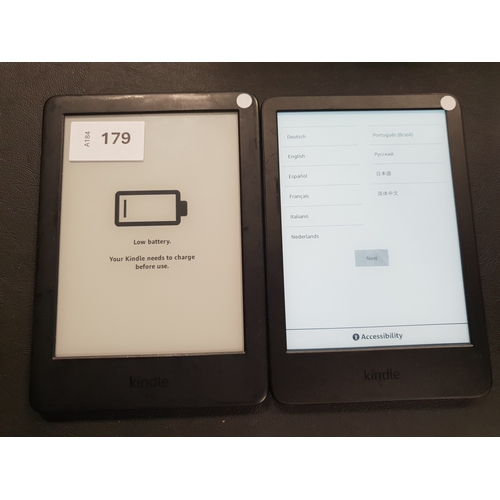 179 - TWO AMAZON KINDLE BASIC E-READERS
comprising a Basic 4, serial number G092 AP05 4176 048V; and a Bas... 
