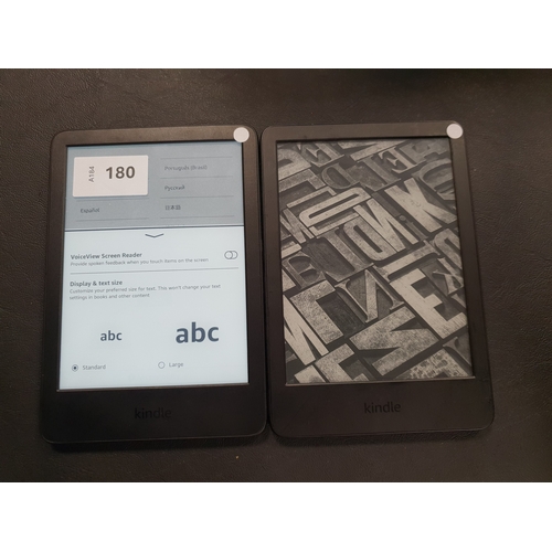 180 - TWO AMAZON KINDLE BASIC 4 E-READERS
serial numbers G092 AP03 3065 00M8 and G092 AP03 2322 00XM
Note:... 