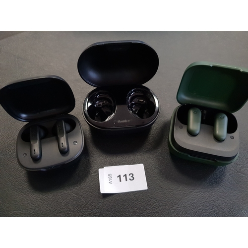 113 - TWO PAIRS OF EARBUDS IN CHARGING CASES
comprising JBL and Soundcore; together with an empty Bose cha... 