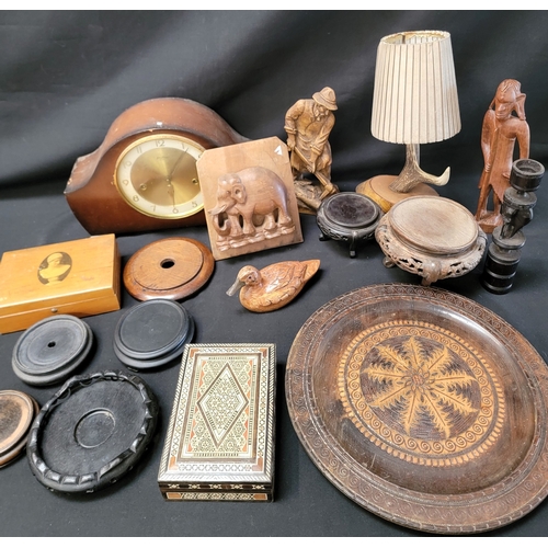 316 - SELECTION OF CARVED AND DOCRATIVE WOODEN ITEMS
including a bone and marquetry inlaid box; various de... 