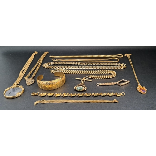 48 - SELECTION OF GOLD PLATED AND GILT JEWELLERY
including a swivel fob on Albert chain with T-bar, a wat... 