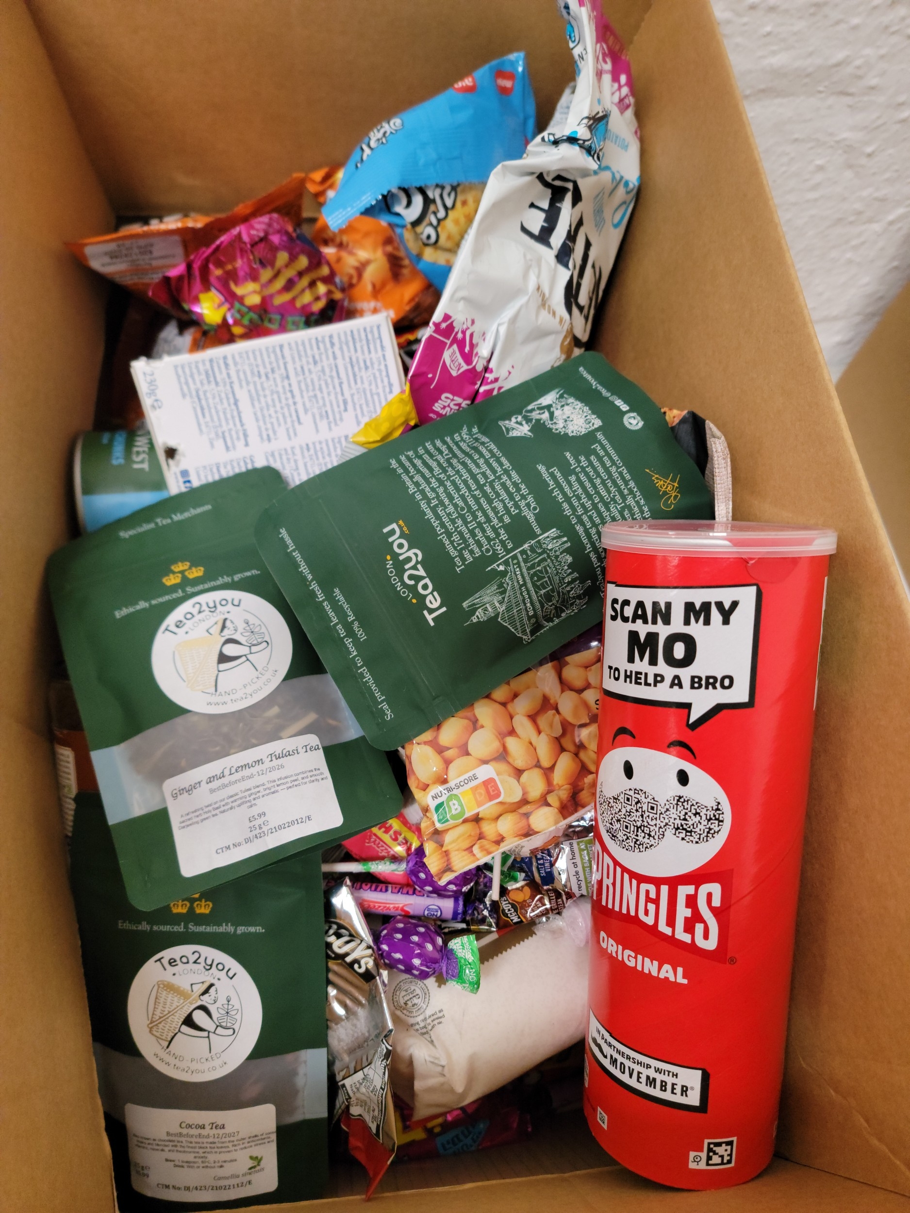 ONE BOX OF CONSUMABLE ITEMS including nuts, pringles, tea, coffee, tuna ...