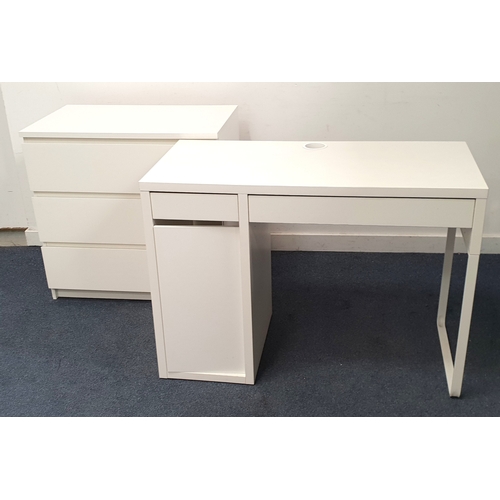 PAIR OF CONTEMPORARY WHITE BEDROOM FURNITURE ITEMS
comprising a desk and a chest of drawers, the desk with cable management hole to surface, a single drawer to the left above a cupboard, the chest comprising three drawers, the desk 105 x 75 x 50, the chest of drawers, 80 x 77 x 48cm