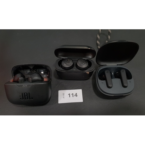 114 - THREE PAIRS OF EARBUDS IN CHARGING CASES
comprising JBL, Jlab and Soundcore