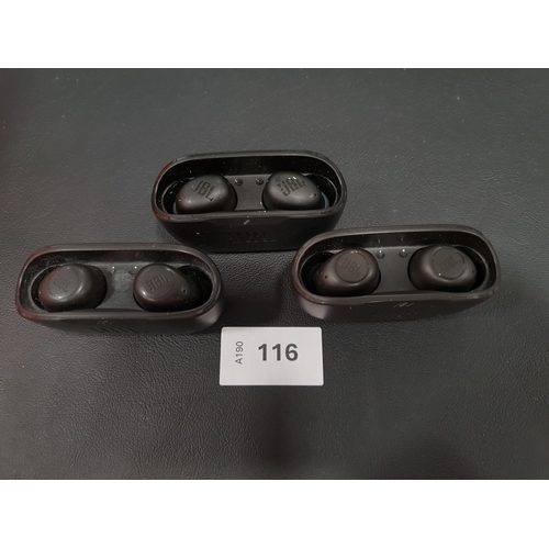 116 - THREE PAIRS OF JBL EARBUDS IN CHARGING CASES