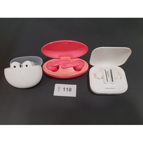 118 - THREE PAIRS OF EARBUDS IN CHARGING CASES
comprising Belkin, Redmi and OPPO