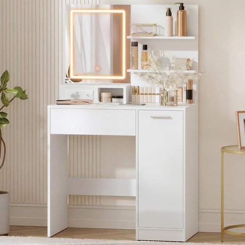 510 - SONGMICS VASAGLE DRESSING TABLE WITH LED LIGHTS
with mirror, 1 Drawer, 2 Open Shelves, and a cupboar... 