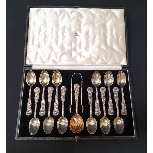 142 - SET OF TWELVE VICTORIAN SILVER TEASPOONS,  SILVER GILT CADDY SPOON AND SUGAR TONGS BY H J LIAS & SON... 