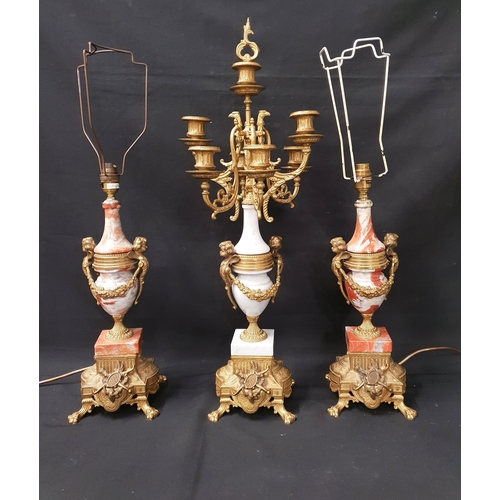 289 - ITALIAN BREVETTATO DECORATIVE GARNITURE
Stamped 'Made in Italy' to base, the central candelabra of m... 