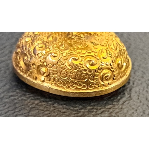 34 - UNUSUAL VICTORIAN NINE CARAT GOLD SEAL
with rooster handle and engraved scroll decoration, with blan... 