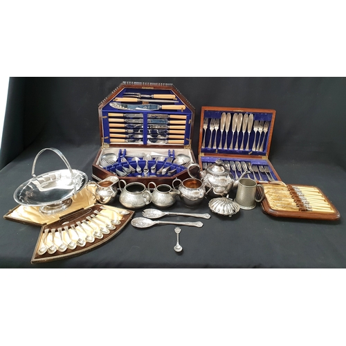 141 - SELECTION OF SILVER PLATED AND WHITE METAL ITEMS
including salad servers, a pewter tankard, a shell ... 
