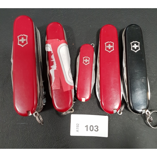 103 - FIVE VICTORINOX SWISS ARMY KNIVES
of various sizes and designs
Note: You must be over the age of 18 ... 