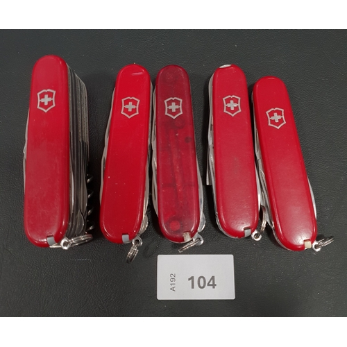 104 - FIVE VICTORINOX SWISS ARMY KNIVES
of various sizes and designs
Note: You must be over the age of 18 ... 