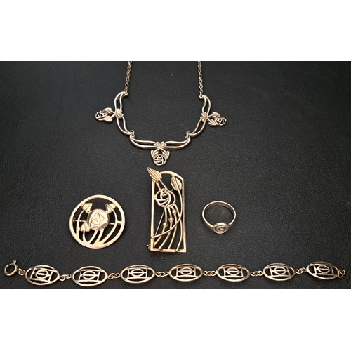 42 - SELECTION OF SILVER CHARLES RENNIE MACKINTOSH STYLE JEWELLERY
all with pierced motif decoration, com... 
