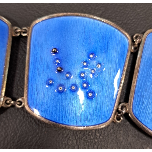 48 - NORWEGIAN ENAMEL DECORATED SILVER BRACELET BY KNUT ANDREAS RASMUSSEN
the five panels with blue ename... 