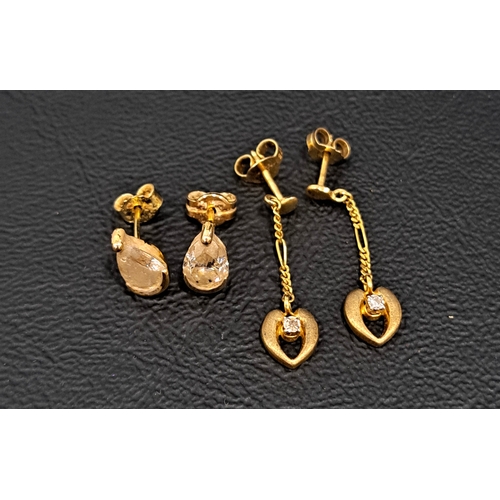 49 - TWO PAIRS OF NINE CARAT GOLD EARRINGS
comprising a pair of diamond set drop earrings and a pair of C... 