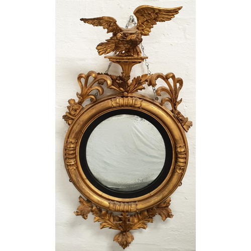 545 - ORNATE GILT FRAMED CONVEX WALL MIRROR 
featuring a carved eagle surmount with spread wings perched o... 