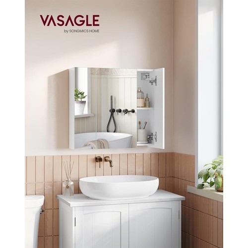 VASAGLE BATHROOM WALL CABINET
with mirror, three doors and adjustable shelf, in white, SKU number: BBK22WTV1, RRP: £44.99, box size 68.5 x 39 x 15cm and 12.2kg

Note: Box appears to have been re-sealed and we are unable to guarantee that no parts are missing or damaged.
Stock images have been used for this lot - These images are for illustration only and there may be small variations from actual contents; All additional items shown on, in or surrounding the product are not included.