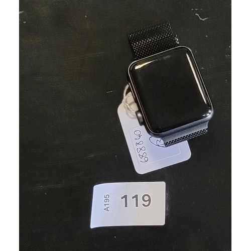 APPLE WATCH SERIES 3
38mm case; model A1858; S/N GJ9GM2J5XO; NOT Apple Account Locked. scratches to screen 
Note: It is the buyer's responsibility to make all necessary checks prior to bidding to establish if the device is blacklisted/ blocked/ reported lost. Any checks made by Mulberry Bank Auctions will be detailed in the description. Please Note - No refunds will be given if a unit is sold and is subsequently discovered to be blacklisted or blocked etc.