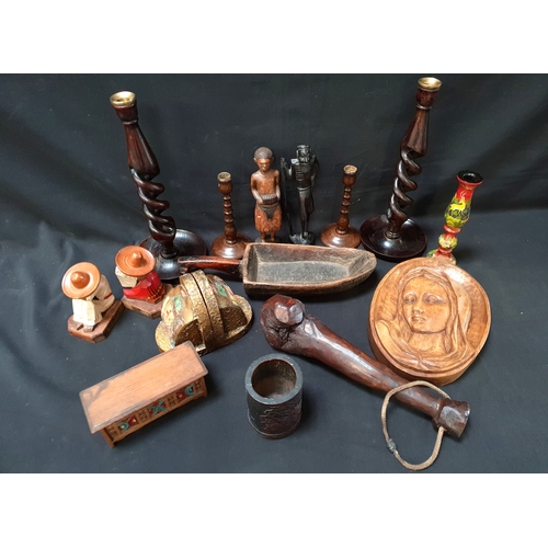 316 - SELECTION OF WOODEN COLLECTABLES 
including candlesticks, trinket box, bookends, carved relief and A... 
