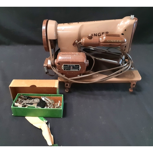 VINTAGE MID CENTURY SINGER 185K SEWING MACHINE 
in tan and brown colourway, together with foot pedal and box of original accessories