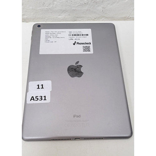 11 - APPLE IPAD (5TH GEN)/ A1822/ SPACE GRAY/ 128GB/ I-CLOUD UNLOCKED/ SERIAL NUMBER - GCGVMRLCHLFD