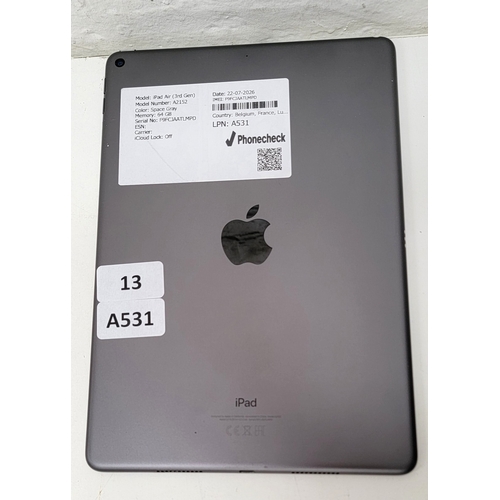 13 - APPLE IPAD AIR (3RD GEN)/ A2152/ SPACE GRAY/ 64GB/ I-CLOUD UNLOCKED/ SERIAL NUMBER - F9FCJAATLMPD