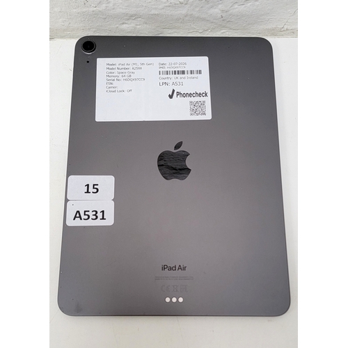 15 - APPLE IPAD AIR (M1, 5TH GEN)/ A2588/ SPACE GRAY/ 64GB/ I-CLOUD UNLOCKED/ SERIAL NUMBER - H6DQX97CC9