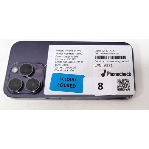 8 - APPLE IPHONE 14 PRO/ A2890/ DEEP PURPLE/ 256GB/ I-CLOUD LOCKED/ IMEI: 350046780616222