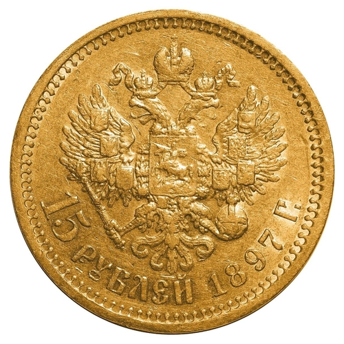 1 - Russian Empire, Emperor Nicholas II (1894-1917), 15 roubles, 1897 year, Gold, 12,9 gr, Y#65.1, bitki... 