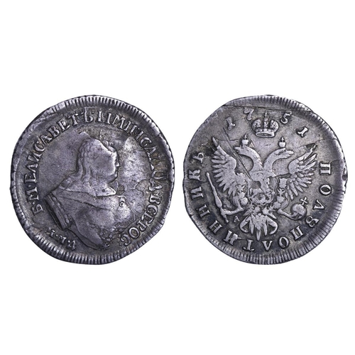 102 - Russian Empire, Empress Elizabeth (1741-1762), Â½ poltina, 1751 year, Silver, 6,46 gr, C#17a, bitkin... 