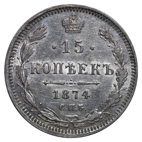 144 - Russian Empire, Emperor Alexander II (1855-1881), 15 kopecks, 1874 year, Silver, 2,7 gr, Y#21a.2, bi... 