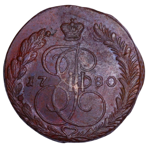 171 - Russian Empire, Empress Catherine II (1762-1796), 5 kopecks, 1780 year, Copper, 51,2 gr, C#59.1, bit... 