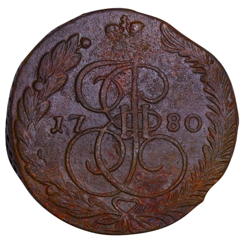 172 - Russian Empire, Empress Catherine II (1762-1796), 5 kopecks, 1780 year, Copper, 51,2 gr, C#59.1, bit... 