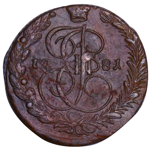 175 - Russian Empire, Empress Catherine II (1762-1796), 5 kopecks, 1781 year, Copper, 51,2 gr, C#59.1, bit... 