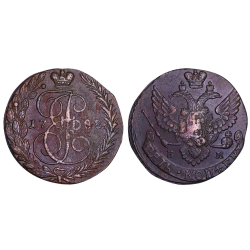 177 - Russian Empire, Empress Catherine II (1762-1796), 5 kopecks, 1788 year, Copper, 51,2 gr, C#59.1, bit... 