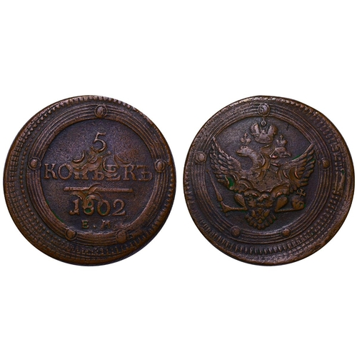 178 - Russian Empire, Emperor Alexander I (1801-1825), 5 kopecks, 1802 year, Copper, 51,19 gr, C#115.1, bi... 