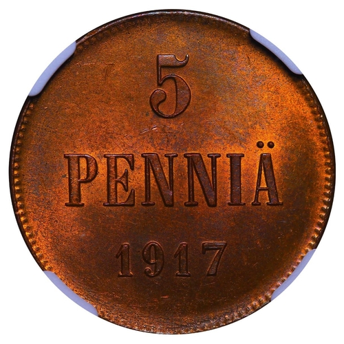 227 - Russian Empire, Finland, Emperor Nicholas II (1894-1917), 5 pennia, 1917 year, Copper, 6,4 gr, KM#17... 