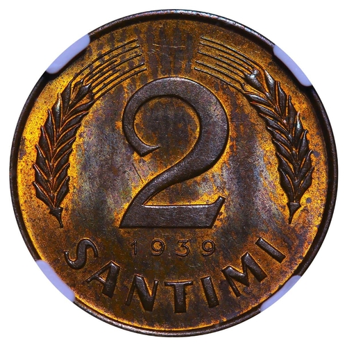 265 - Latvia, President Karlis Ulmanis (1936 - 1940), 2 santimi, 1939 year, Bronze, 2 gr, KM#11, In MS 63 ... 